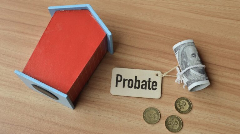 toy wooden house, coins and word Probate