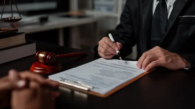 Person in formal attire signing a document on a clipboard, with a wooden gavel and legal books nearby.